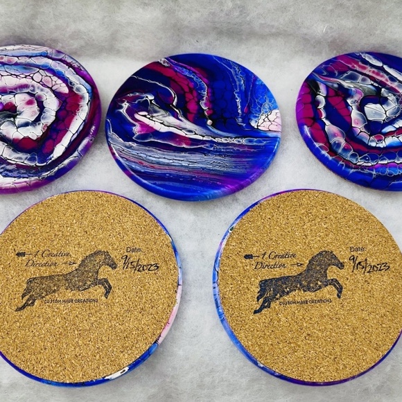 Unique, 1-of-a-kind 6 pc coaster set Deep Blue Pink & holder WOOD - Picture 4 of 4